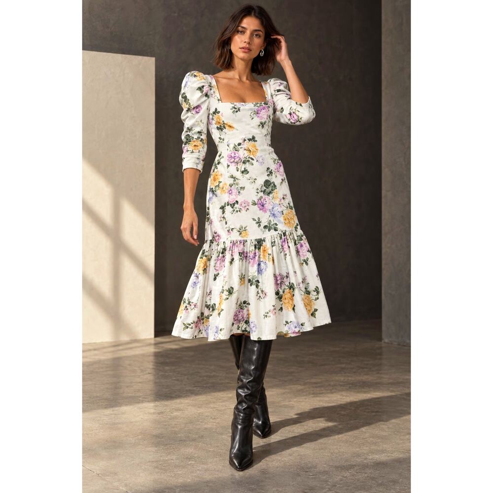 LoveShackFancy 6 Corduroy Ellington Puff Sleeve Midi Dress $345 Square Neck